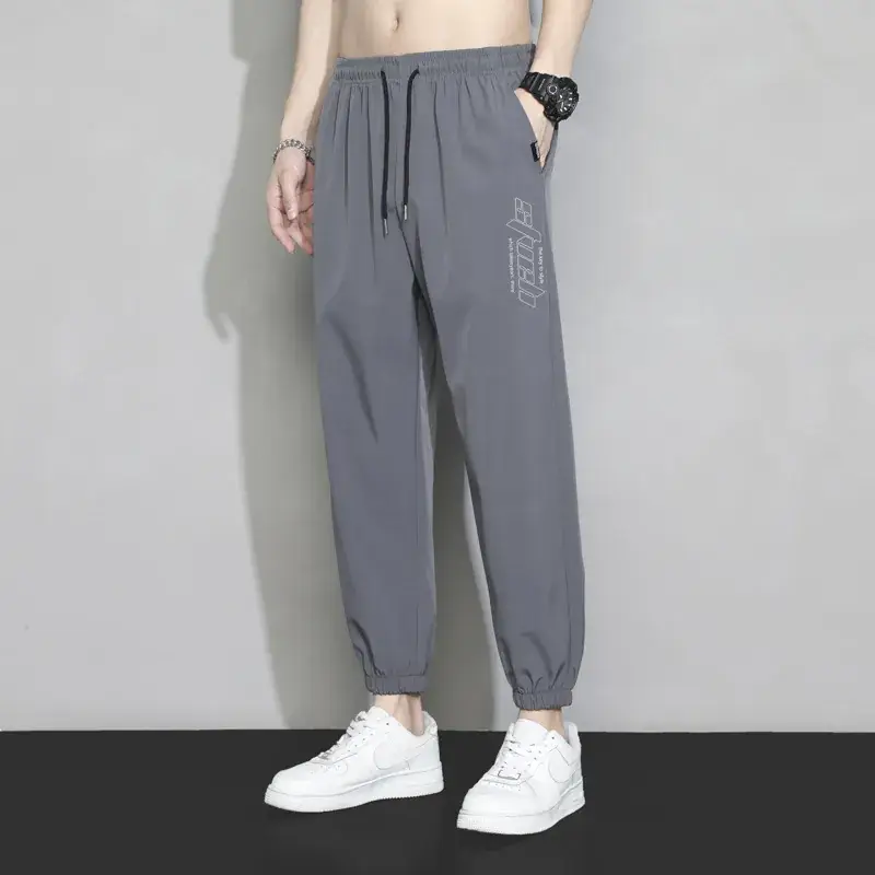 Men Grey Ice Silk Loose Leg Sports Pants XL