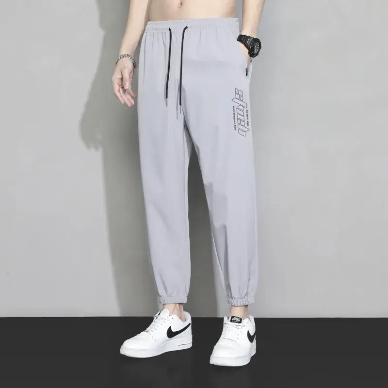 Men Grey Ice Silk Loose Leg Sports Pants XL