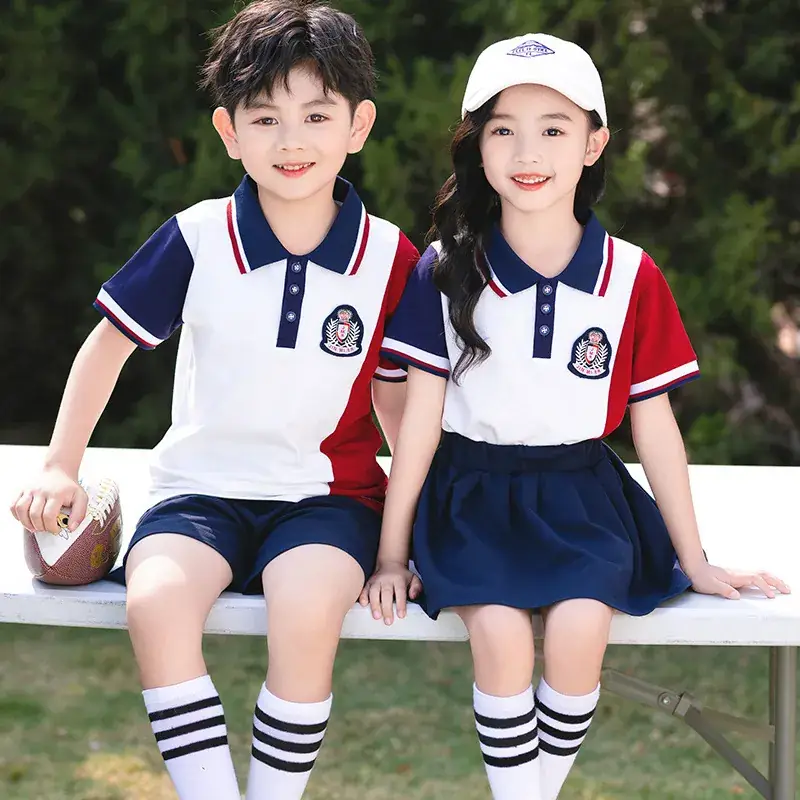 Kids Red White Blue Polo Shirt Suit for Primary School - Image 3