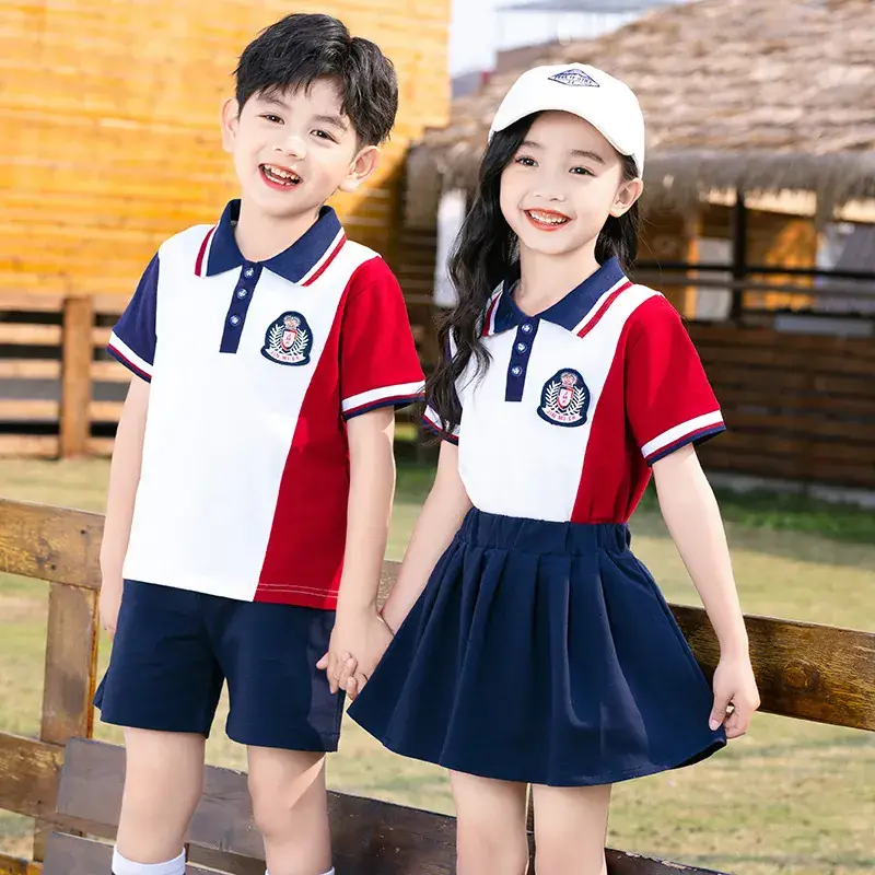 Kids Red White Blue Polo Shirt Suit for Primary School - Image 4