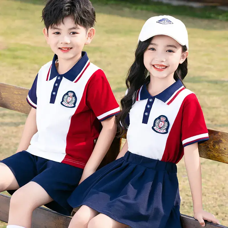 Kids Red White Blue Polo Shirt Suit for Primary School - Image 5