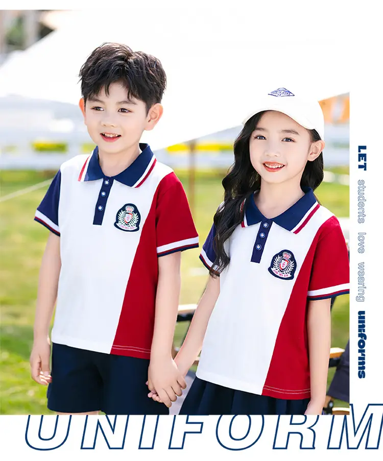 Kids Red White Blue Polo Shirt Suit for Primary School — feature 9