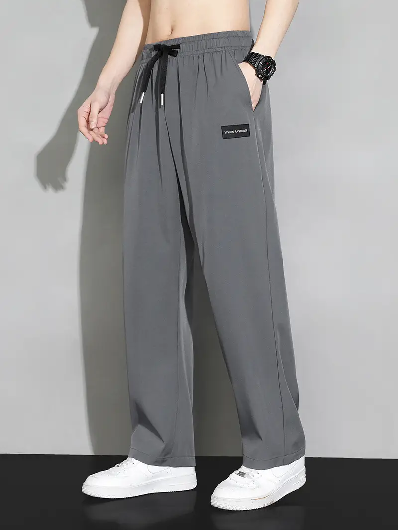 Men Ice Silk Straight Pants Grey Wide Leg Summer - Image 3