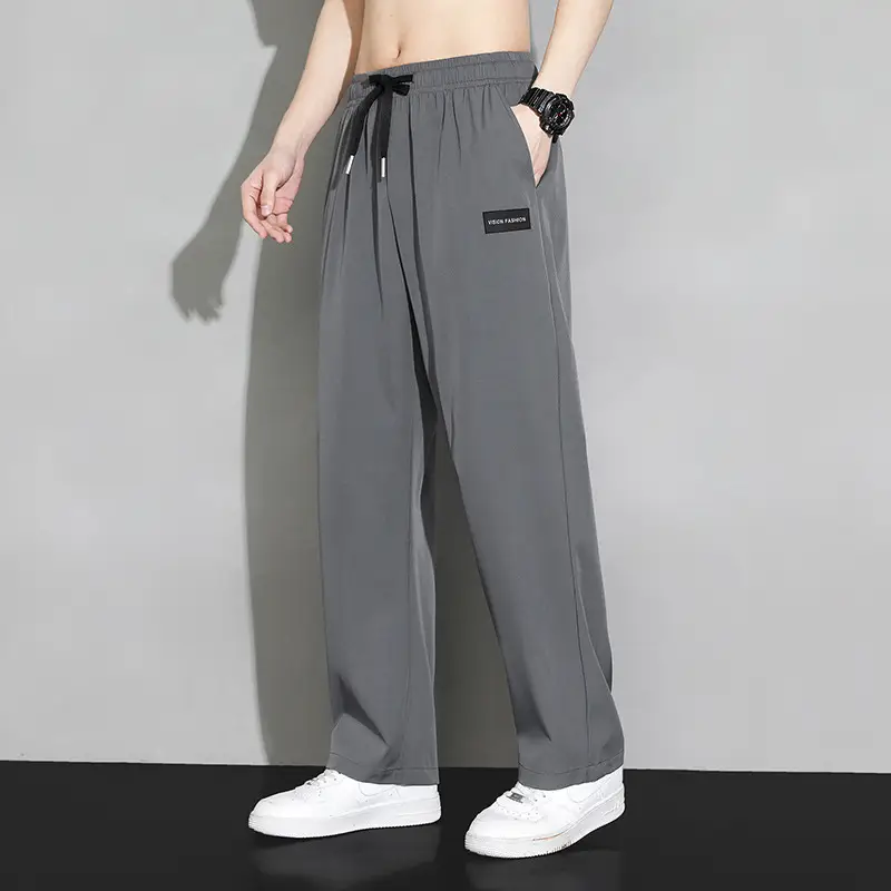Men Ice Silk Straight Pants Grey Wide Leg Summer - Image 2