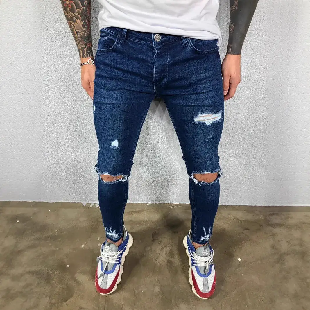 Men Ripped Elastic Leg Jeans 2025 European American - Image 3