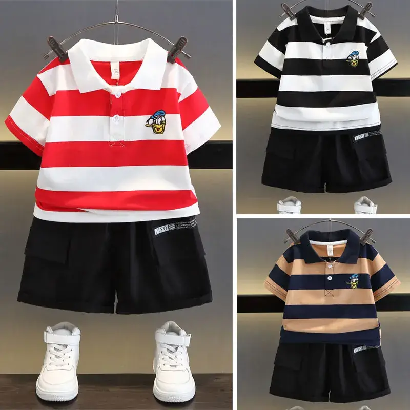 Kids Striped Polo Shortset Set Navy Beige White - Image 5
