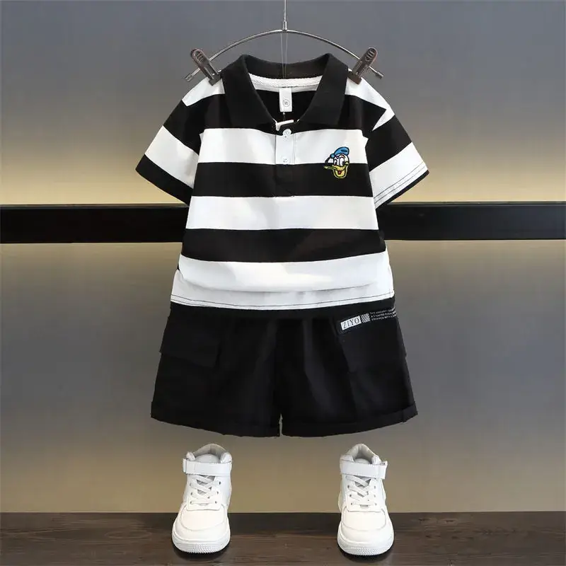 Kids Striped Polo Shortset Set Navy Beige White - Image 2