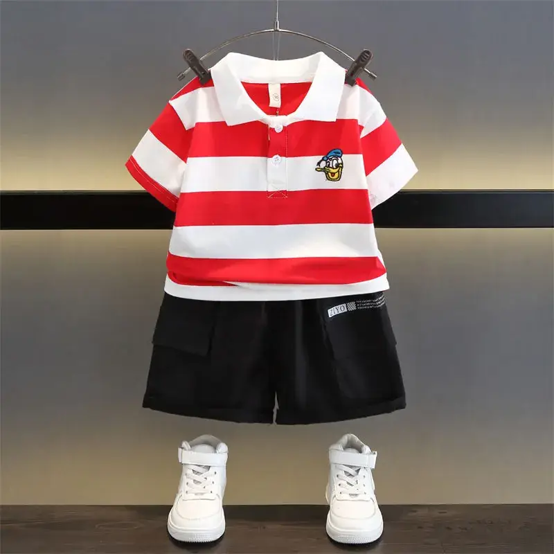 Kids Striped Polo Shortset Set Navy Beige White - Image 4