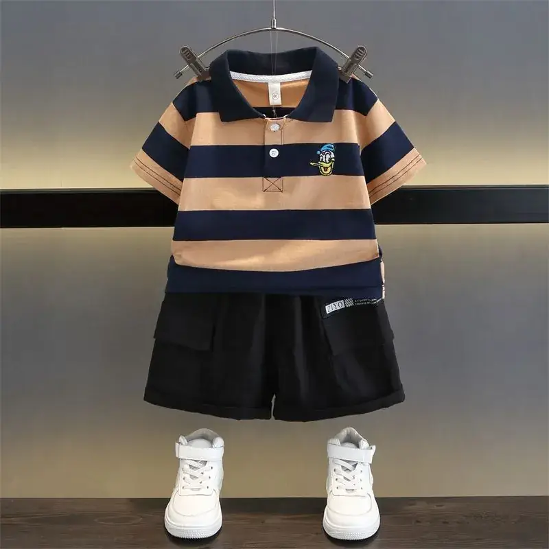 Kids Striped Polo Shortset Set Navy Beige White - Image 6