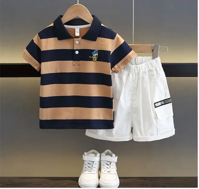 Kids Striped Polo Shortset Set Navy Beige White — feature 10