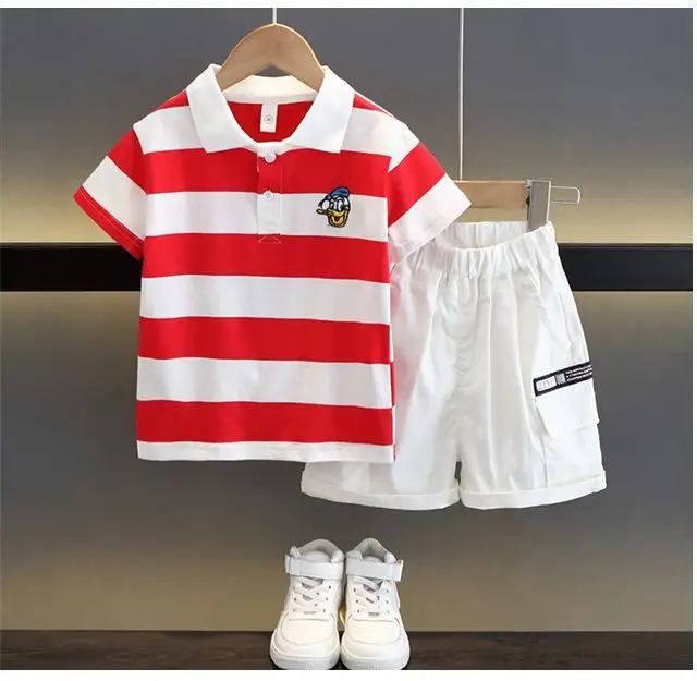 Kids Striped Polo Shortset Set Navy Beige White — feature 11