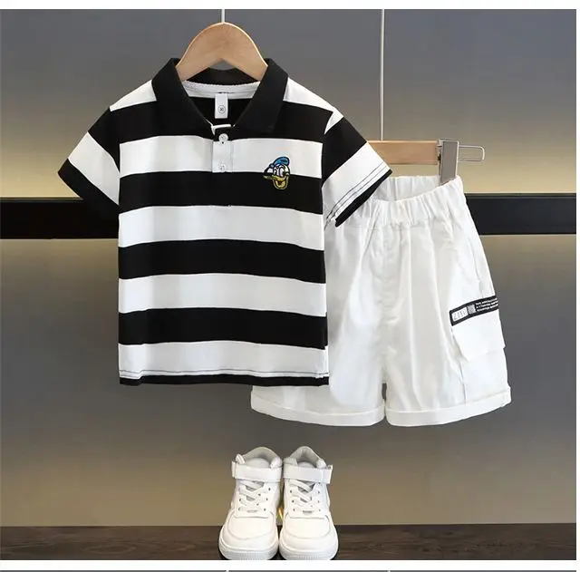 Kids Striped Polo Shortset Set Navy Beige White — feature 12