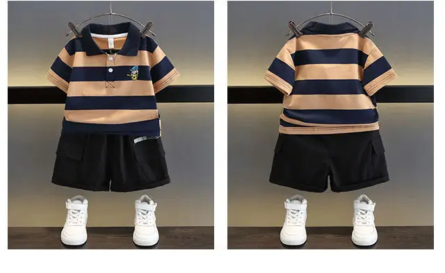 Kids Striped Polo Shortset Set Navy Beige White — feature 3