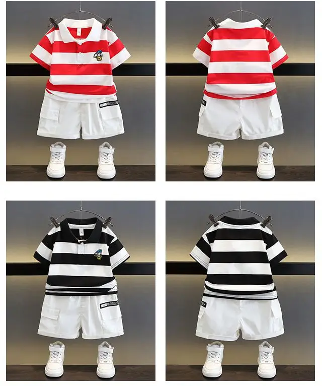 Kids Striped Polo Shortset Set Navy Beige White — feature 4