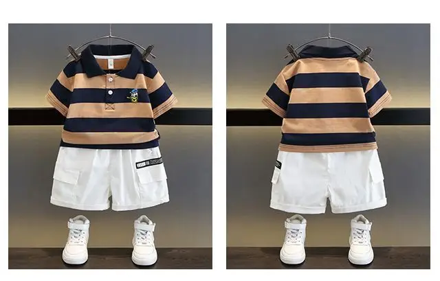 Kids Striped Polo Shortset Set Navy Beige White — feature 5