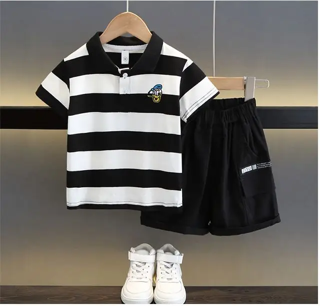 Kids Striped Polo Shortset Set Navy Beige White — feature 9