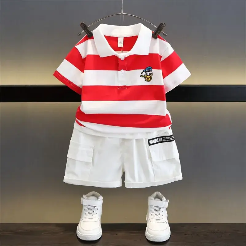 Kids Striped Polo Shortset Set Navy Beige White - Image 3