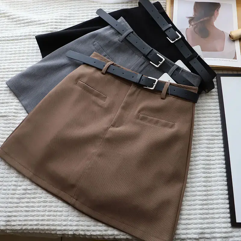 Korean Women Fake Pocket Belt Skirt Grey Black