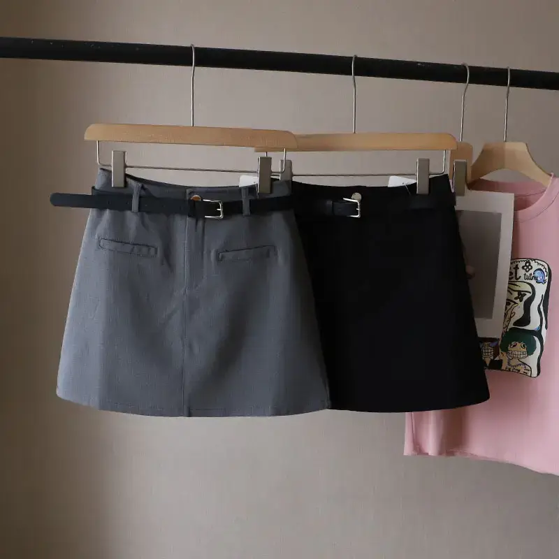 Korean Women Fake Pocket Belt Skirt Grey Black