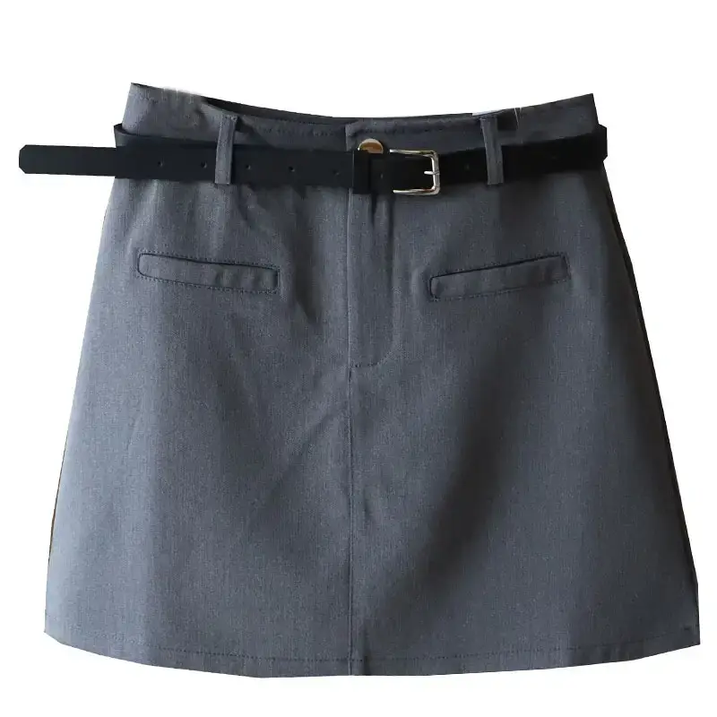 Korean Women Fake Pocket Belt Skirt Grey Black