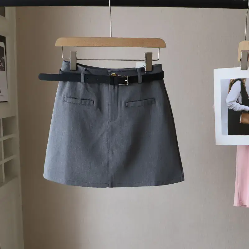Korean Women Fake Pocket Belt Skirt Grey Black