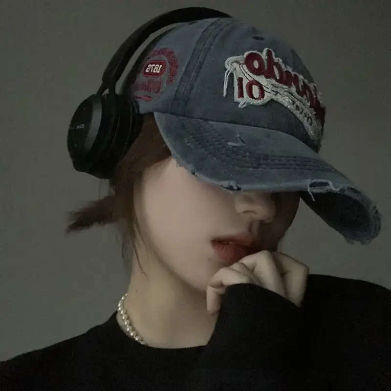 Women Denim Peaked Cap with Retro Logo - Image 7