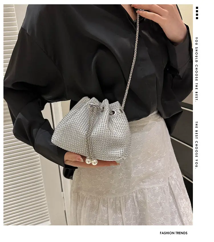 Shiny Diamond Drawstring Bucket Bag Women — feature 1