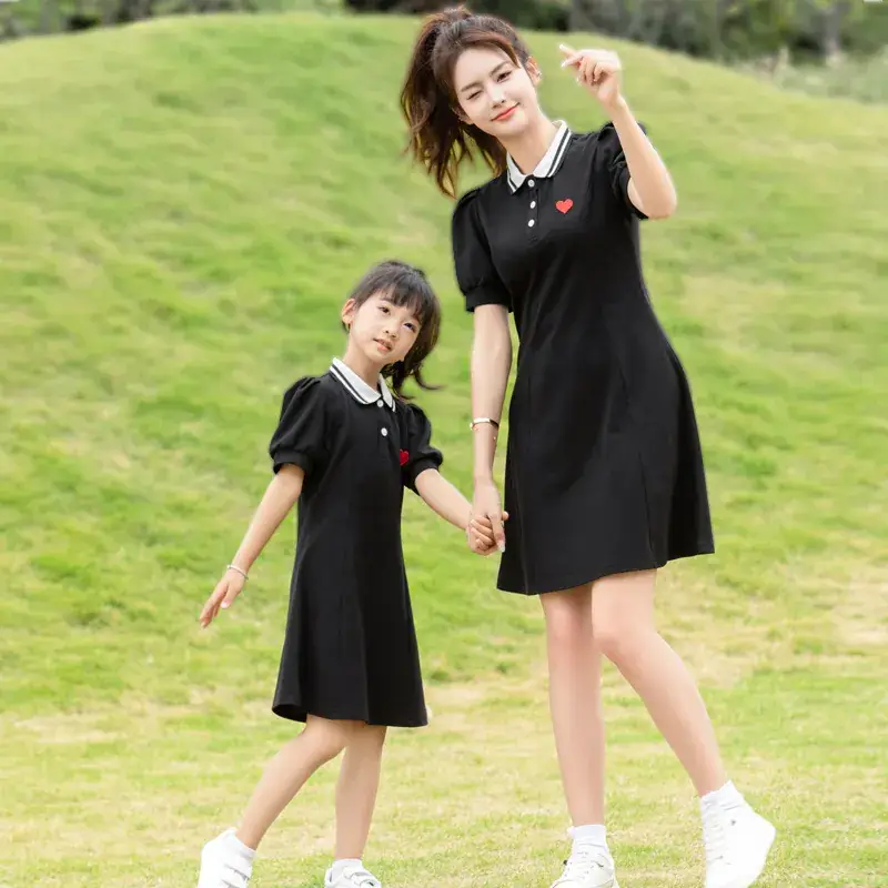 Family 3-Person Black Polo Dress Summer Outfit