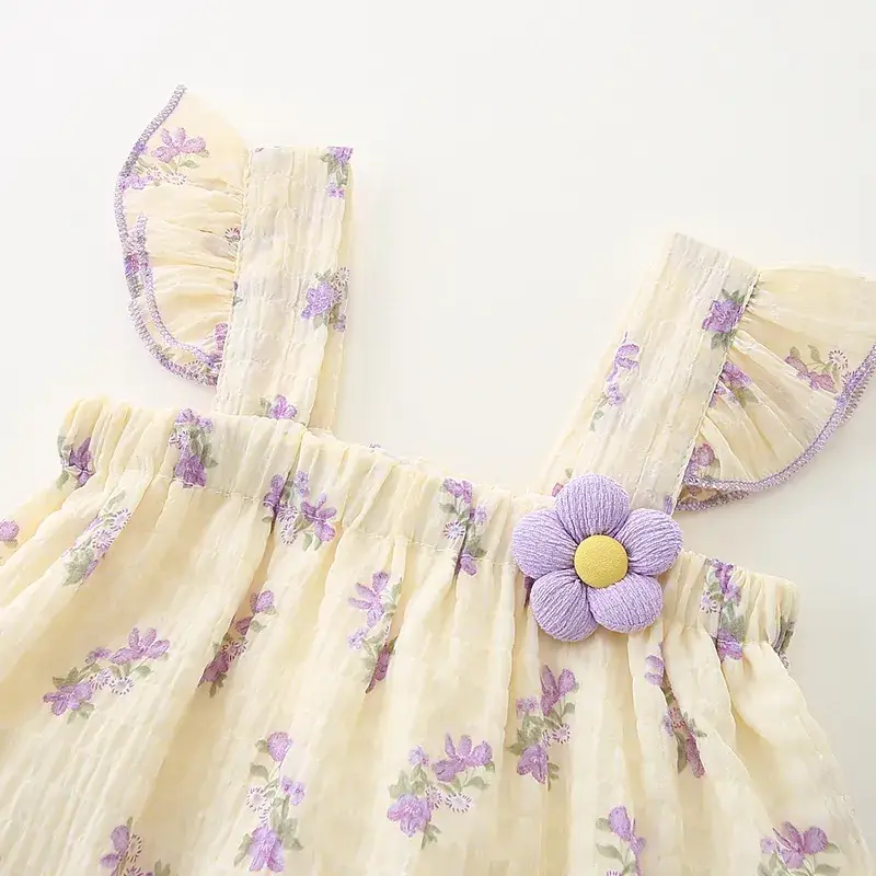 2025 Baby Girls Summer Ha-Layer Clothes Cream Purple Floral - Image 3