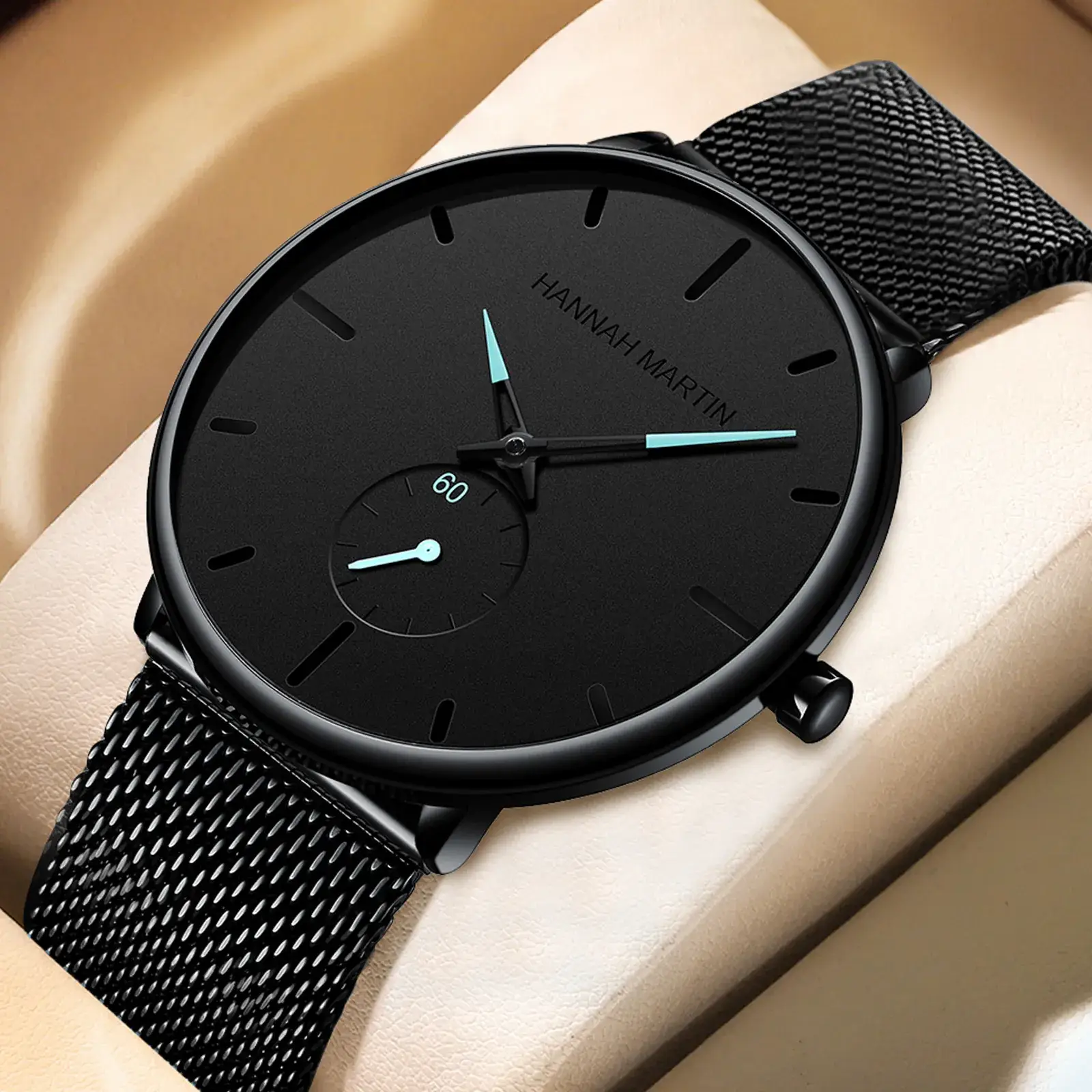 Men's Black Steel Mesh Watch with Second Needle - Image 5