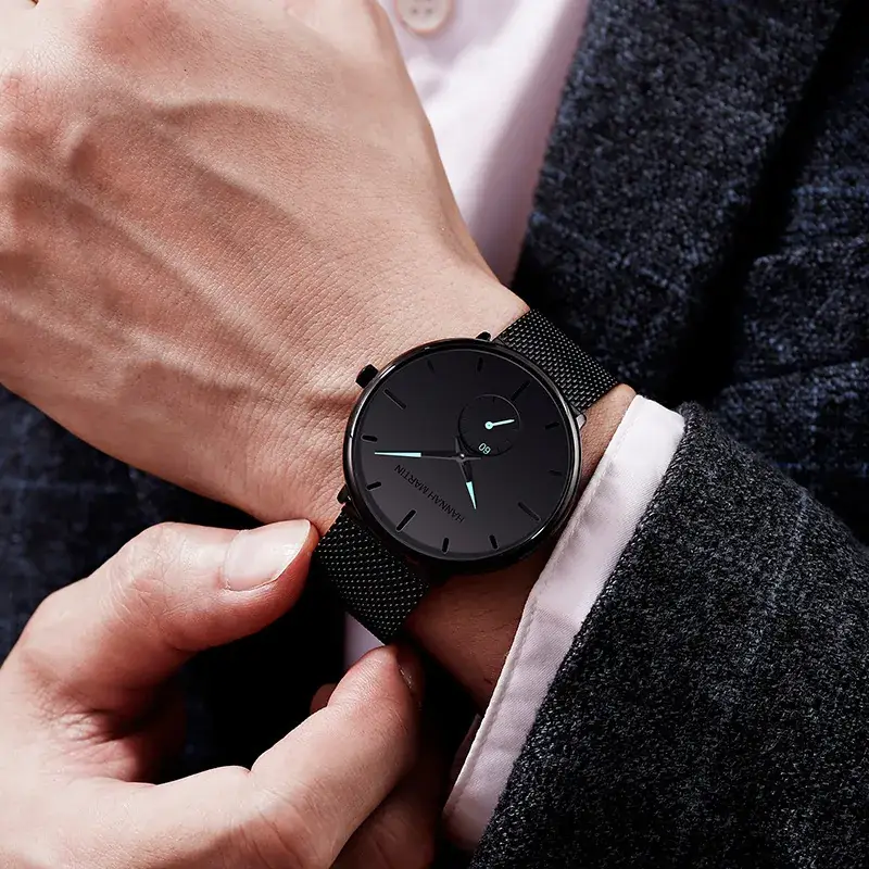 Men's Black Steel Mesh Watch with Second Needle - Image 8