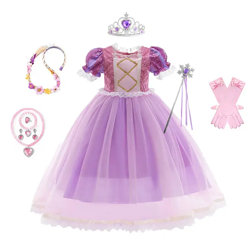 Purple Crossbody Rapunzel Dress for Girls with Crown & Gloves - Image 15