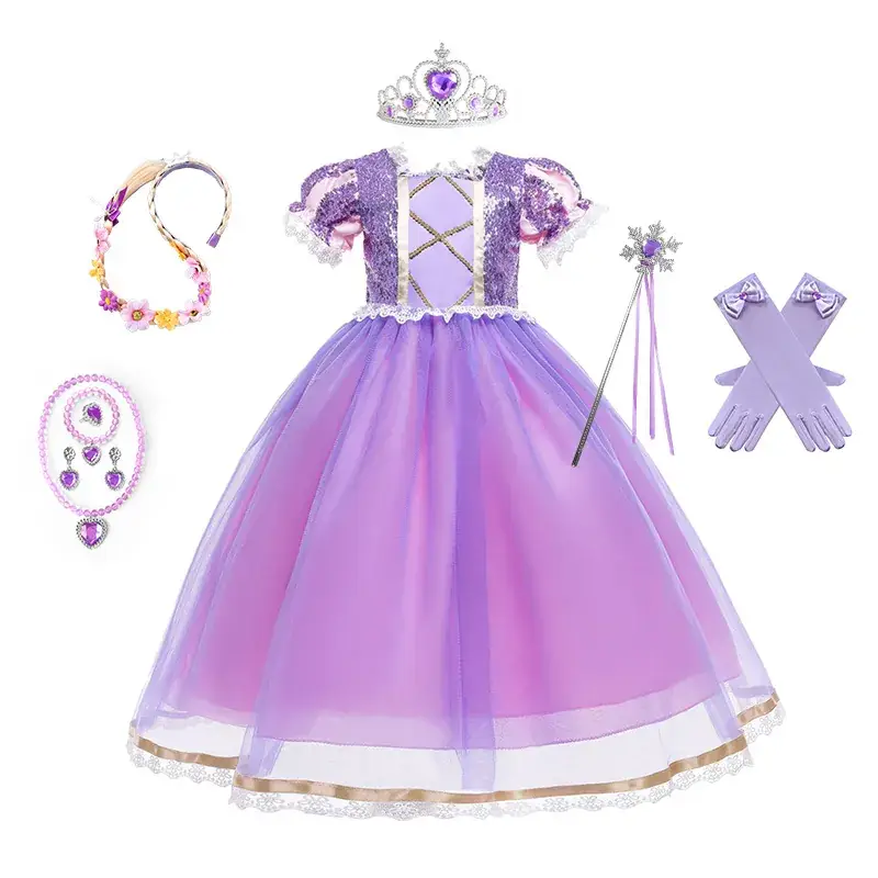 Purple Crossbody Rapunzel Dress for Girls with Crown & Gloves - Image 16