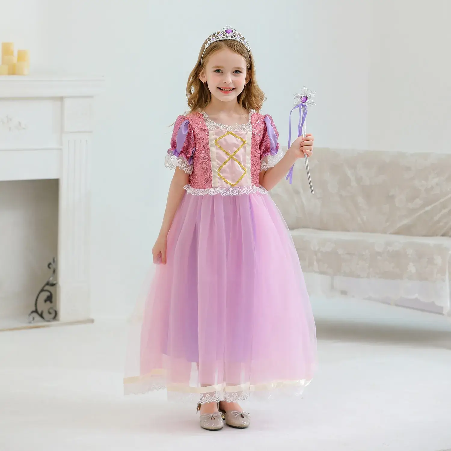 Purple Crossbody Rapunzel Dress for Girls with Crown & Gloves - Image 17