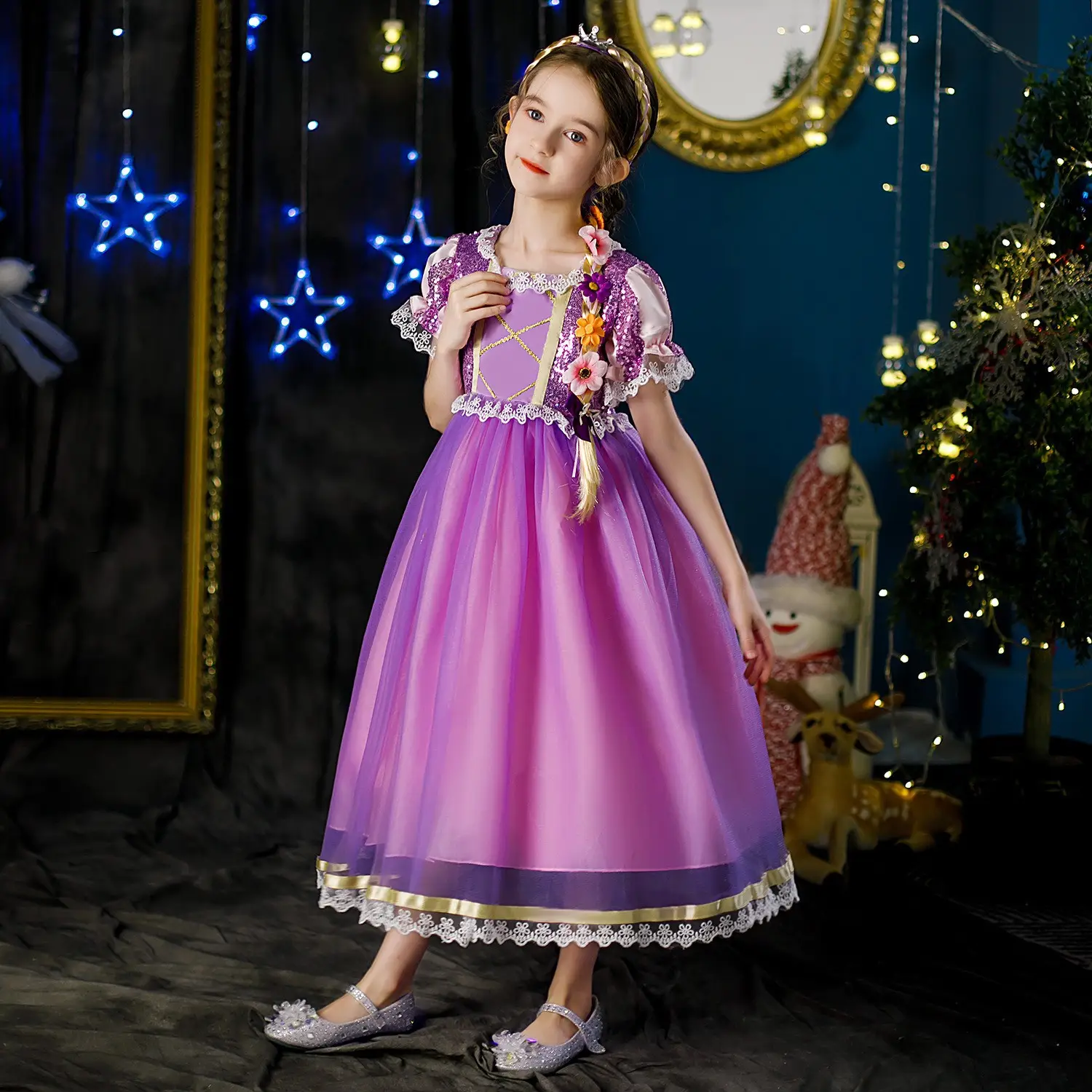 Purple Crossbody Rapunzel Dress for Girls with Crown & Gloves — feature 18