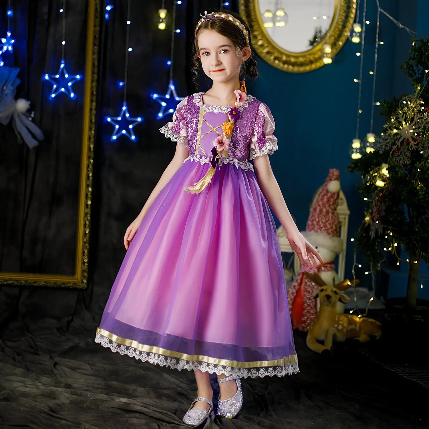 Purple Crossbody Rapunzel Dress for Girls with Crown & Gloves — feature 19
