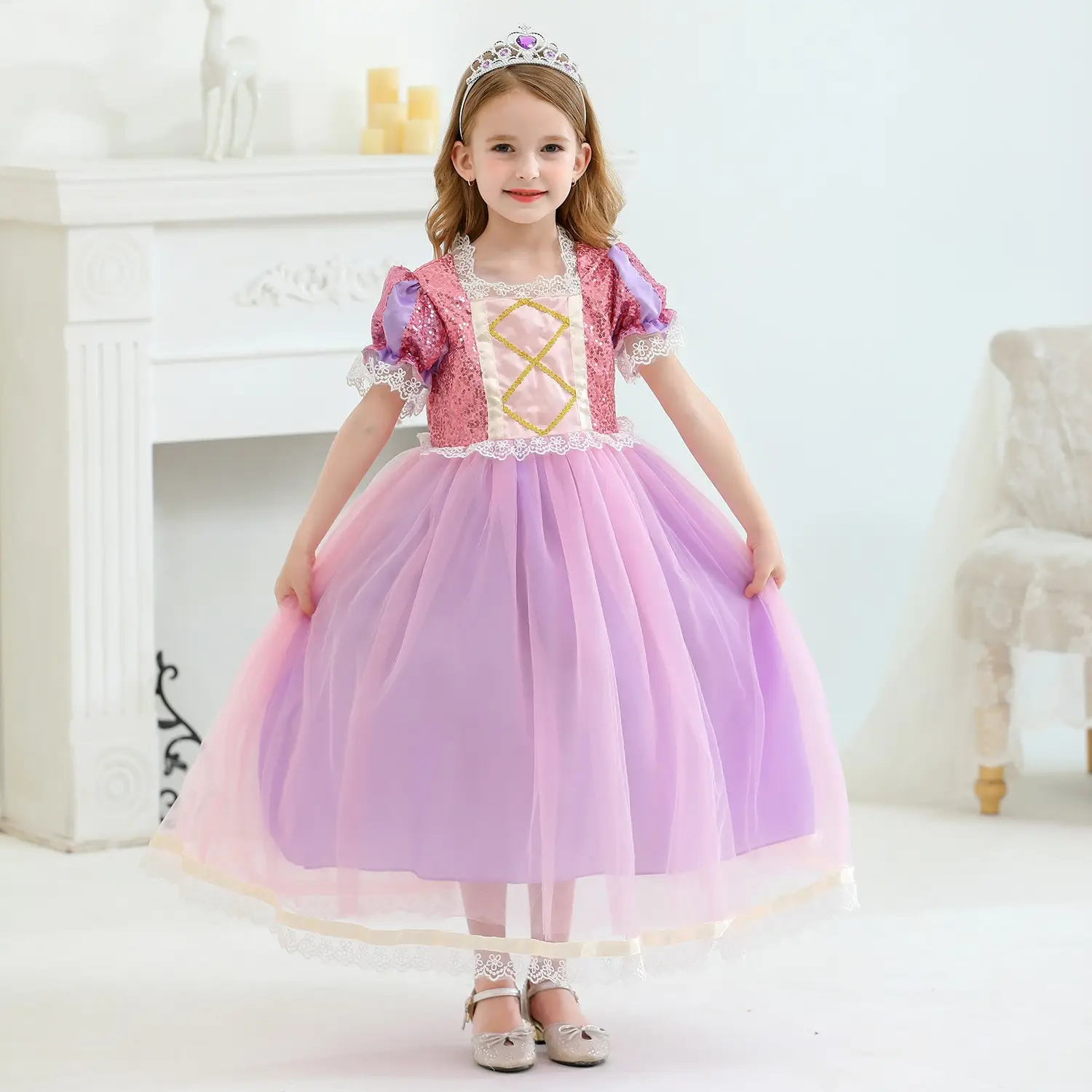 Purple Crossbody Rapunzel Dress for Girls with Crown & Gloves — feature 2