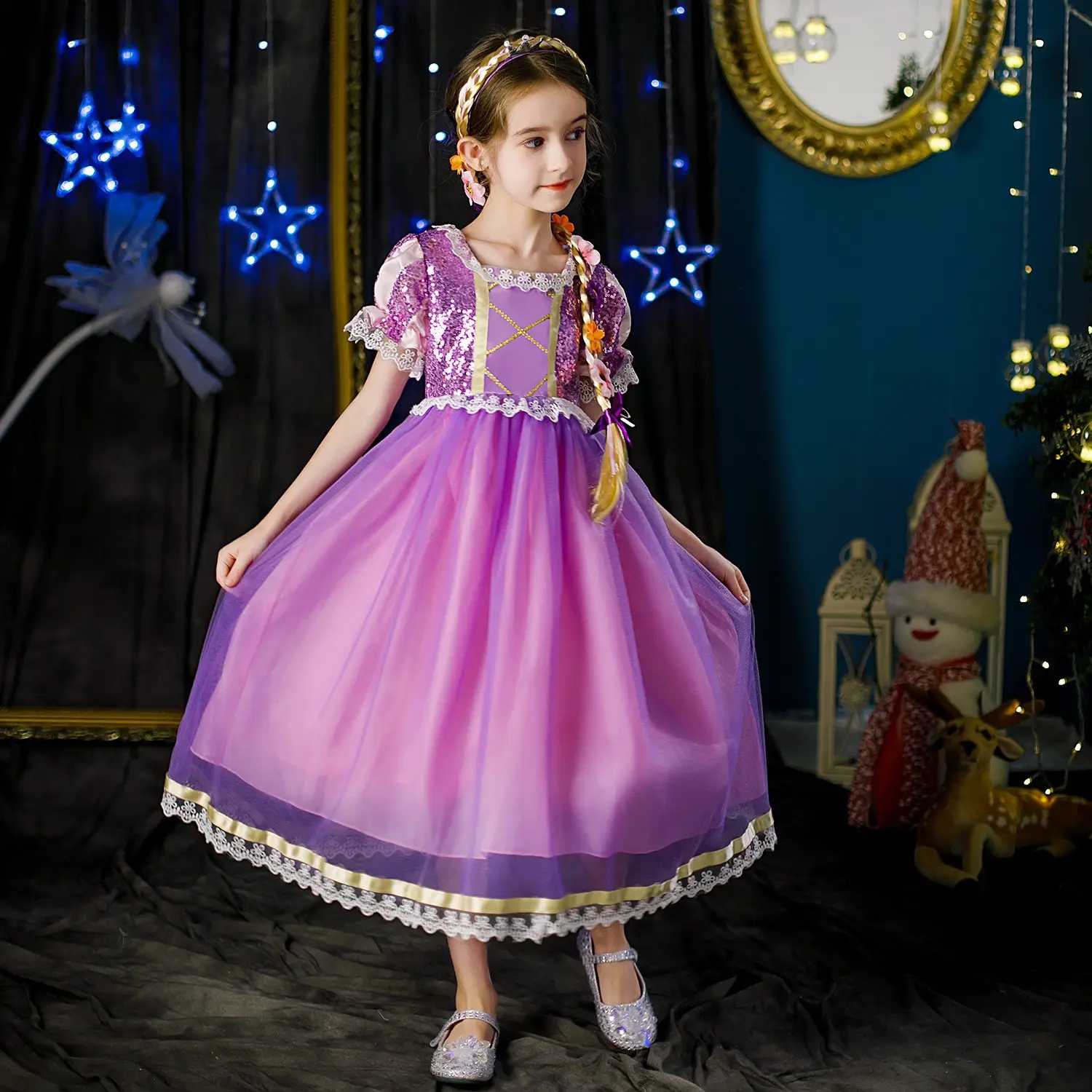 Purple Crossbody Rapunzel Dress for Girls with Crown & Gloves — feature 20