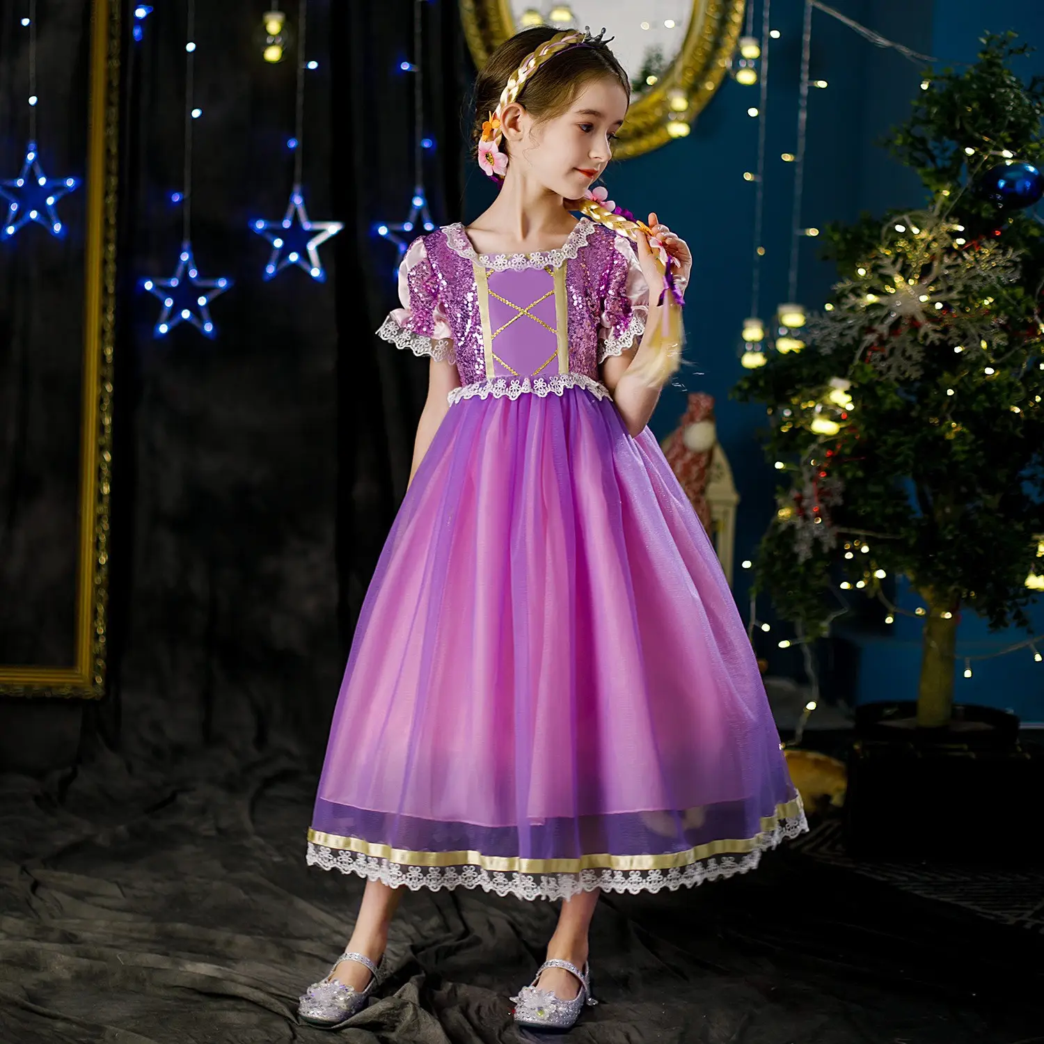 Purple Crossbody Rapunzel Dress for Girls with Crown & Gloves — feature 21