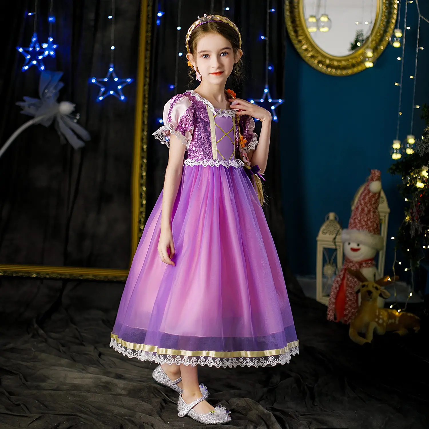Purple Crossbody Rapunzel Dress for Girls with Crown & Gloves — feature 22