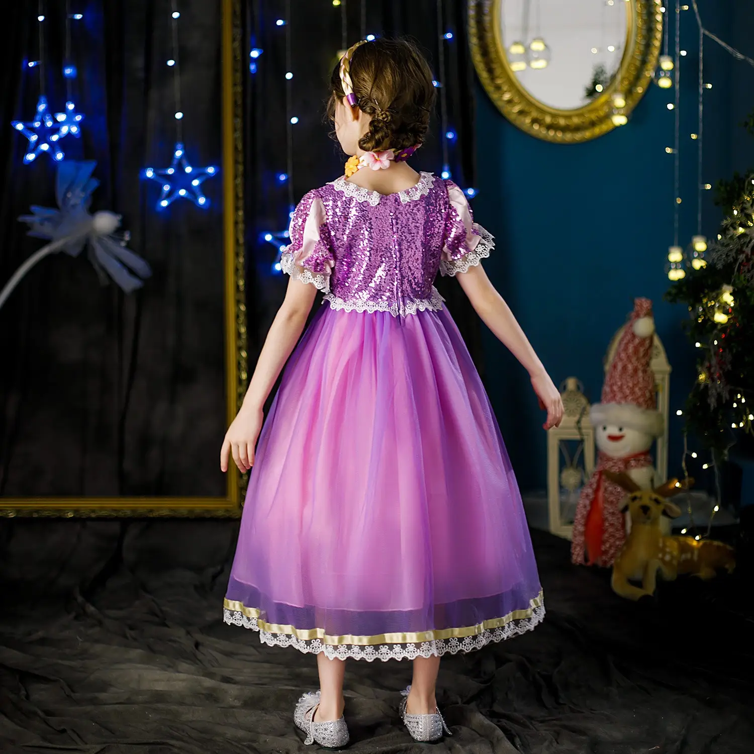 Purple Crossbody Rapunzel Dress for Girls with Crown & Gloves — feature 23