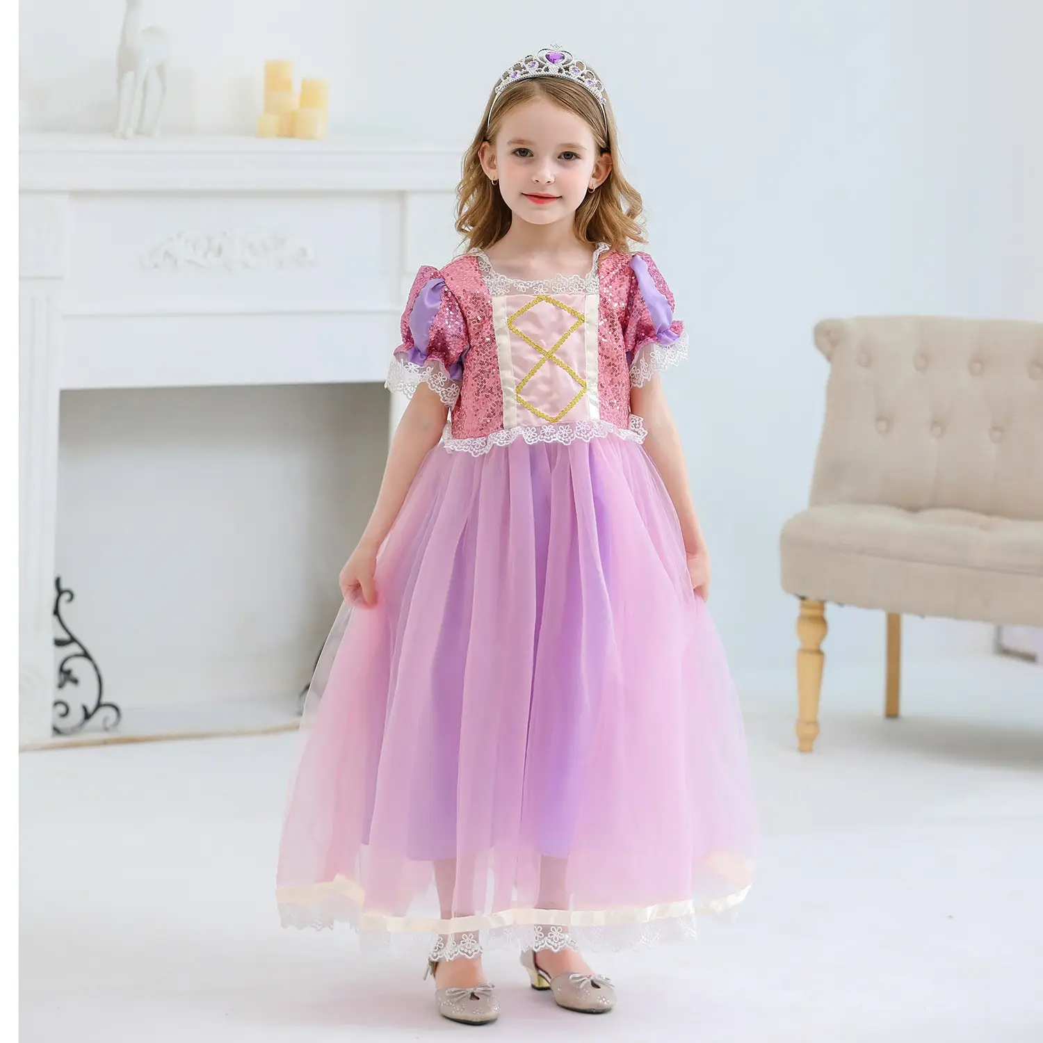 Purple Crossbody Rapunzel Dress for Girls with Crown & Gloves — feature 3