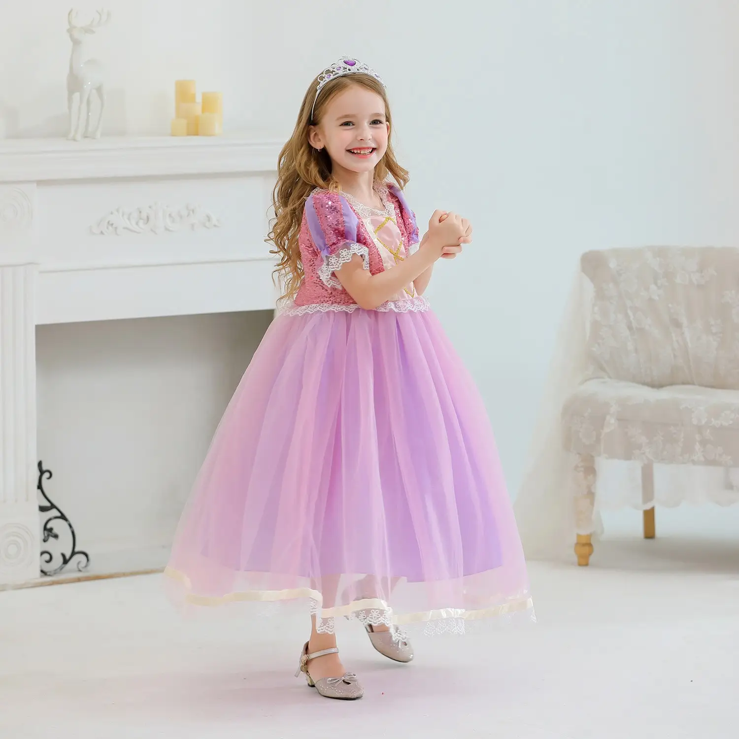 Purple Crossbody Rapunzel Dress for Girls with Crown & Gloves — feature 4