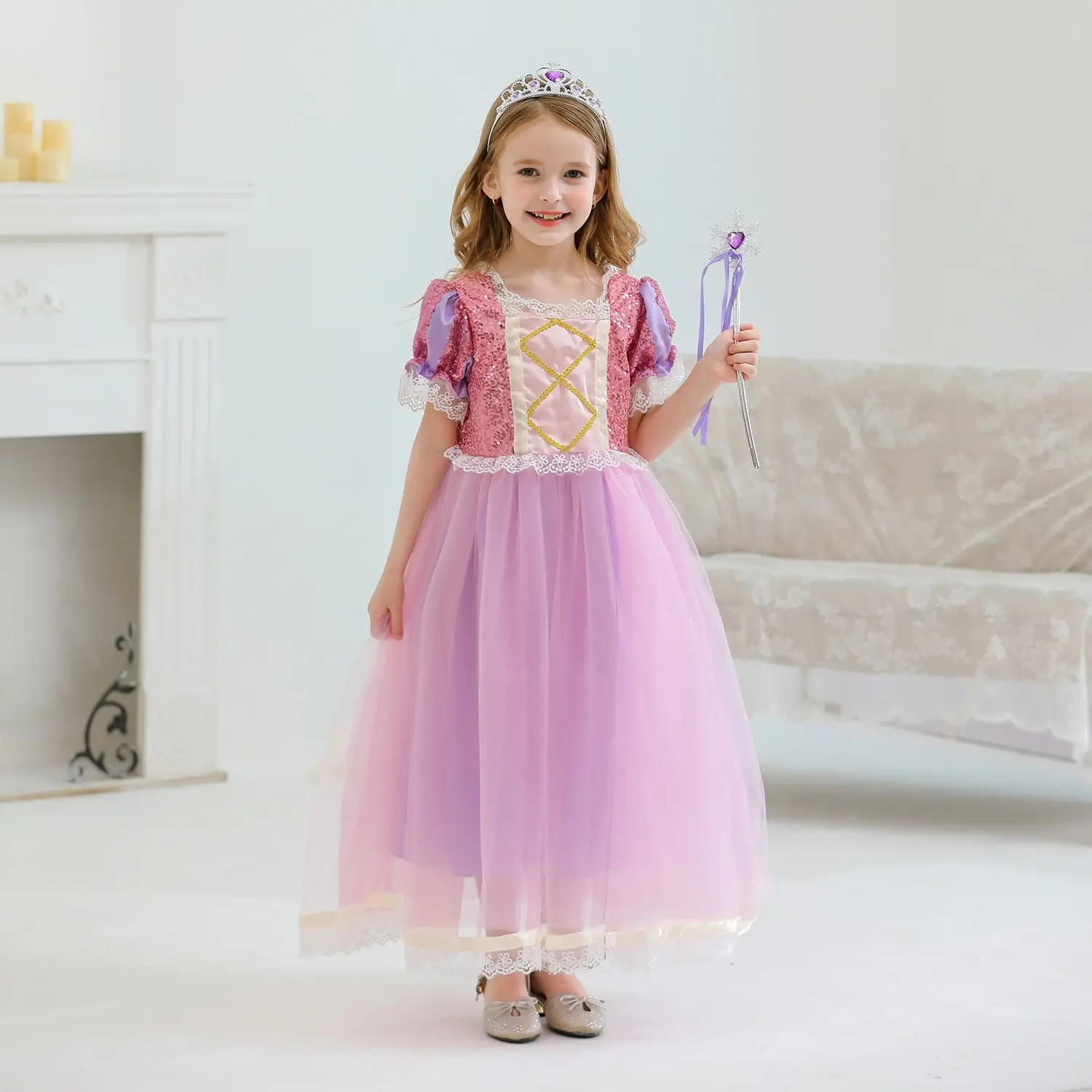 Purple Crossbody Rapunzel Dress for Girls with Crown & Gloves — feature 5