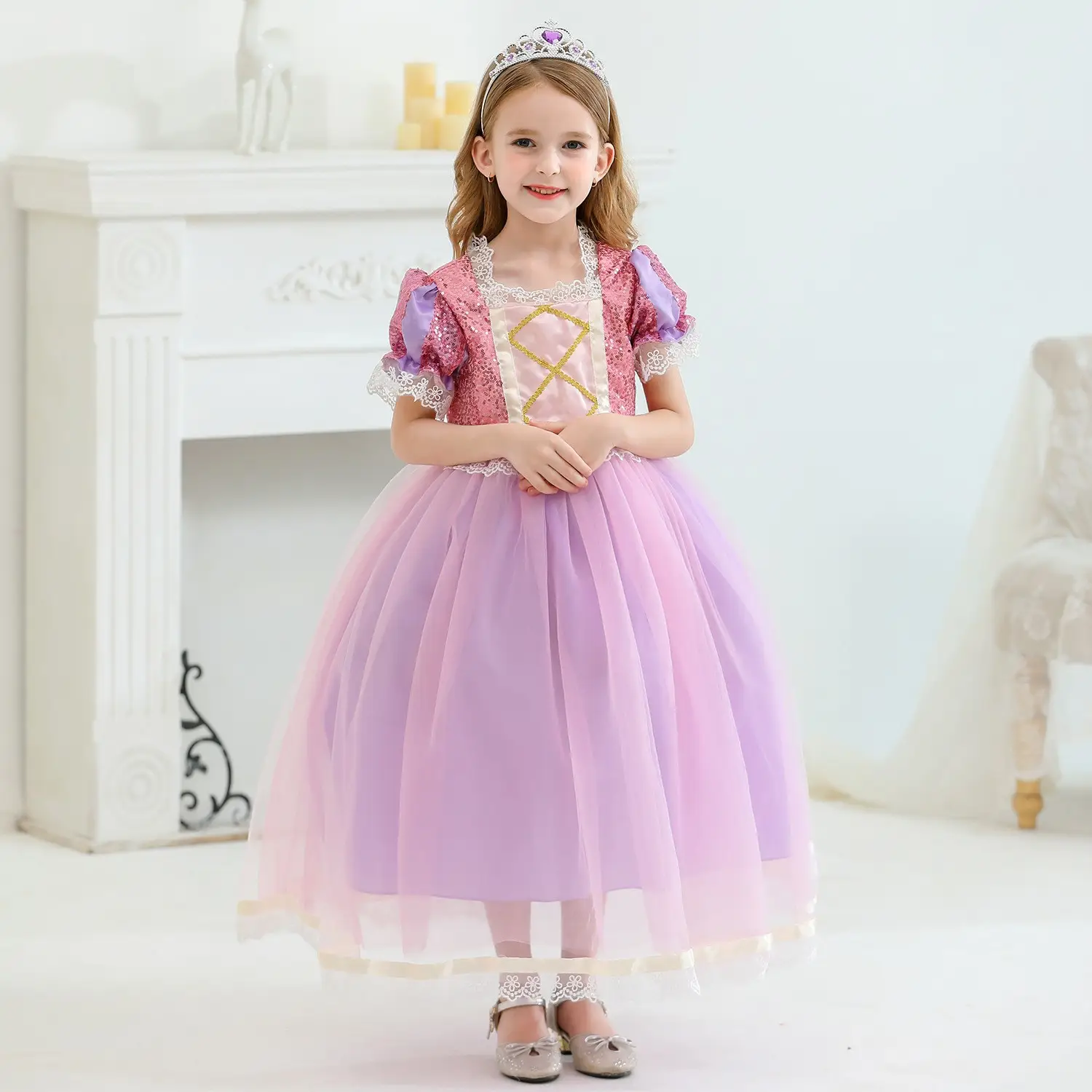 Purple Crossbody Rapunzel Dress for Girls with Crown & Gloves — feature 6