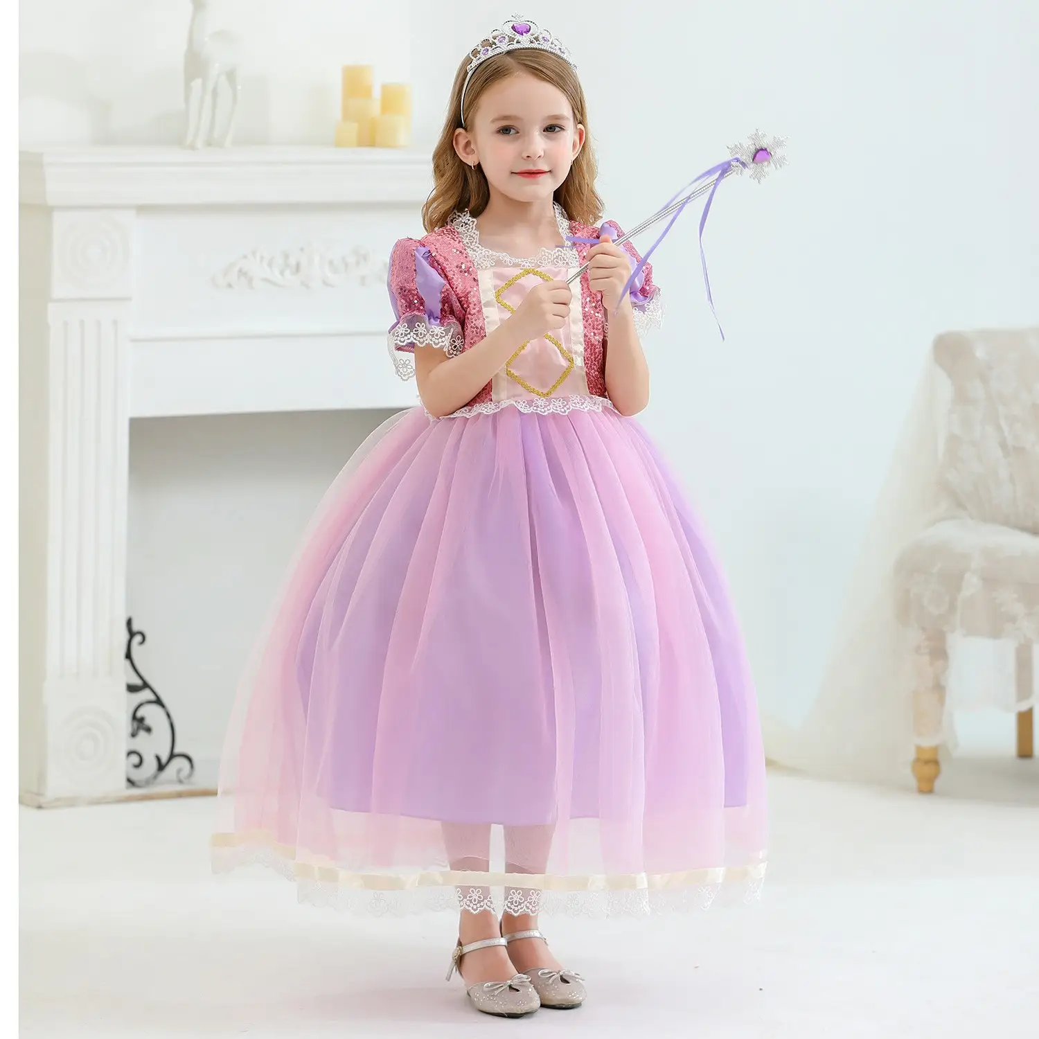 Purple Crossbody Rapunzel Dress for Girls with Crown & Gloves — feature 7