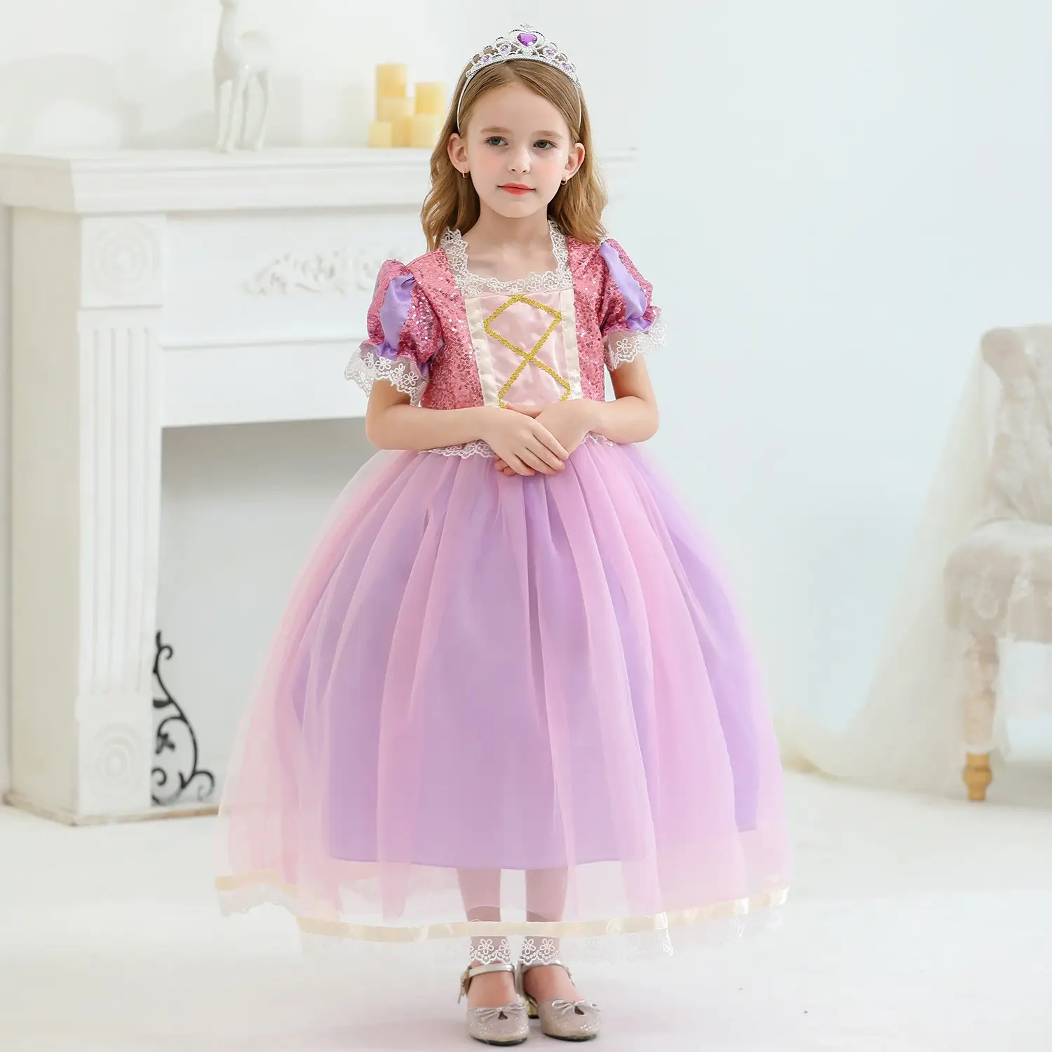 Purple Crossbody Rapunzel Dress for Girls with Crown & Gloves — feature 8