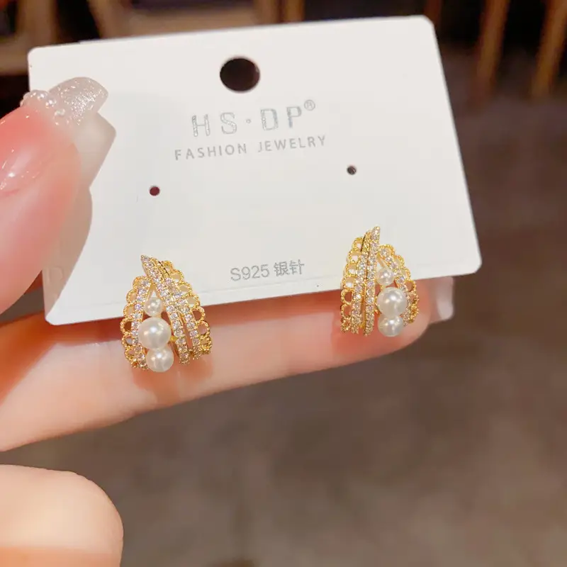 925 Silver Zircon Pearl Geometric Earrings - Image 3