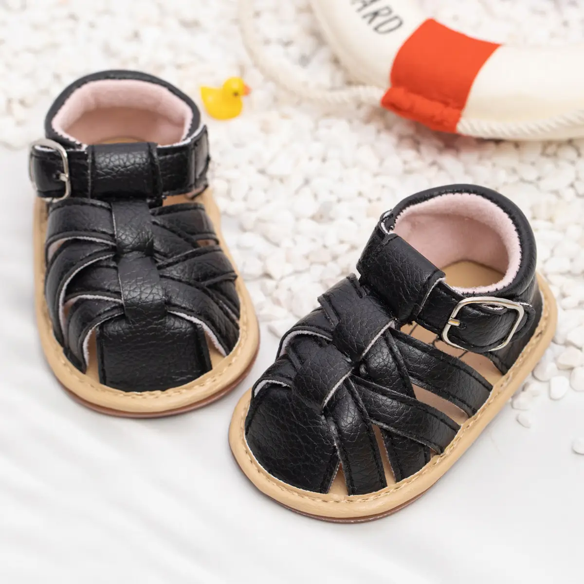 Black Leather Toddler Sandals with Buckle Strap