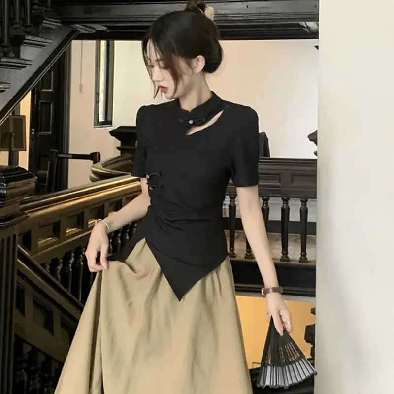 Women New Chinoiserie Jacquard T-Shirt Black Summer 2025 - Image 3
